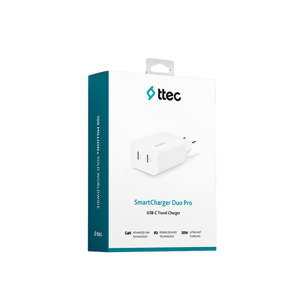 Ttec 2SCG01B SmartCharger Duo Pro GaN 50W PD Seyahat Hızlı Şarj Aleti USB-C + USB-C  Beyaz