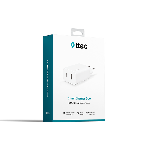 Ttec 2SCS24B SmartCharger Duo PD 32W Seyahat Hızlı Şarj Aleti USB-C + USB-A  Beyaz